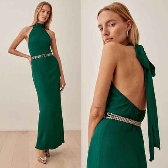 Reformation Filippa Sycamore Green Halter Neck Open Back Maxi Dress Size 0 - Picture 1 of 6